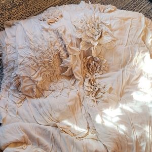 Anthropologie Georgina Queen Duvet Cover Cream Flower Appliqué Pillow Euro Sham